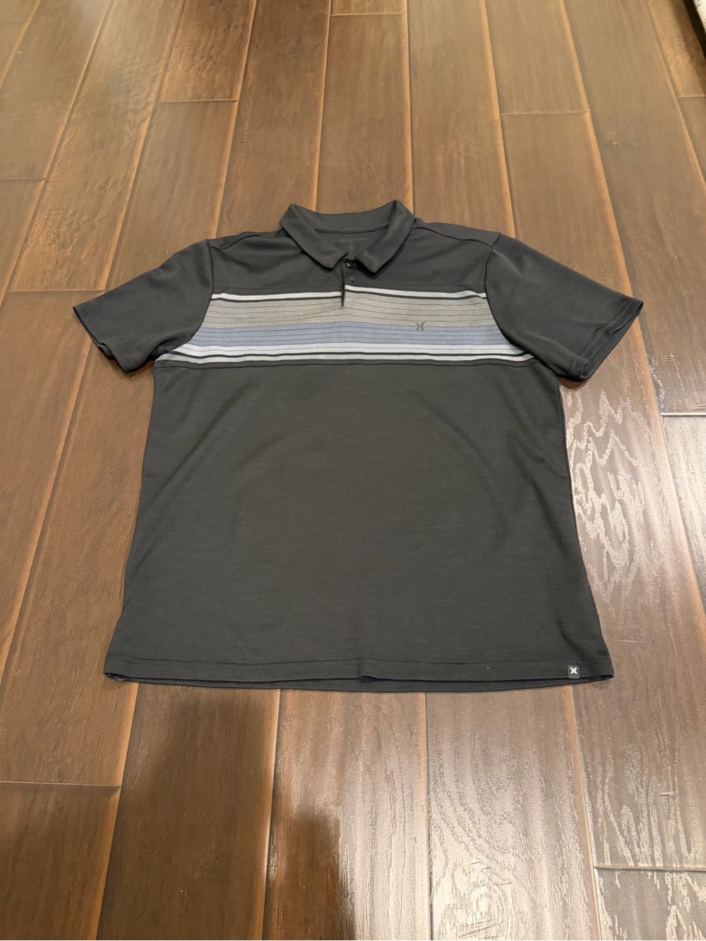 Men's Black Short-Sleeve Hurley Polo with Gray and Blue Stripe Detail Dri-Fit XL